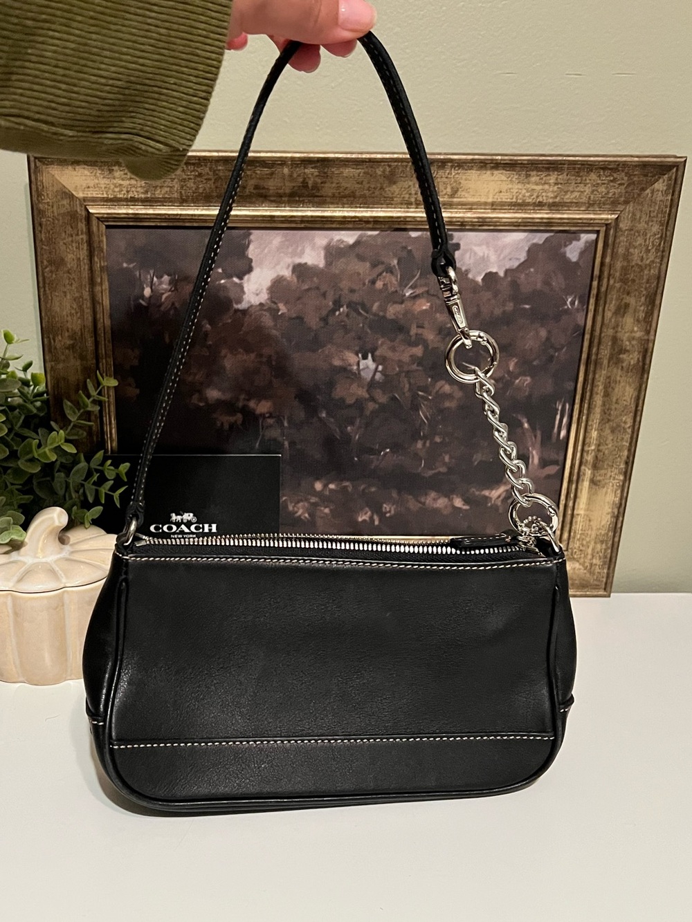 Coach Black Leather Shoulder Bag with Silver Chain Accent - Demi Baguette